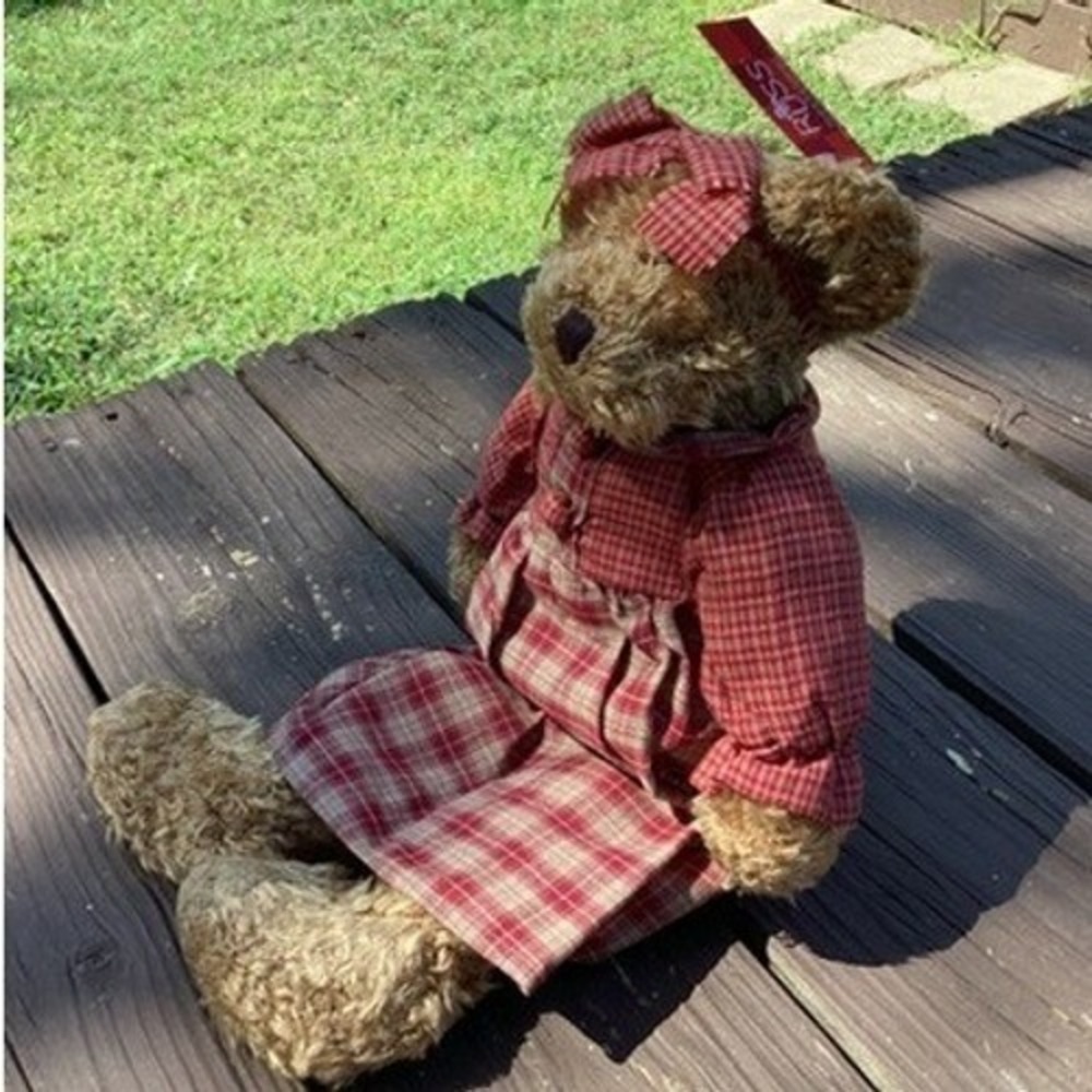 Vintage Serendipity Collectibles Teddy Bear Red Plaid Dress & Bow‎ w/ Tags & Bag